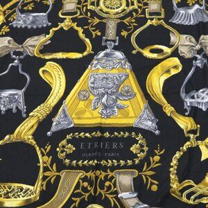 HERMES Carre 90 ETRIERS Scarf Shawl Gold Black Silk
